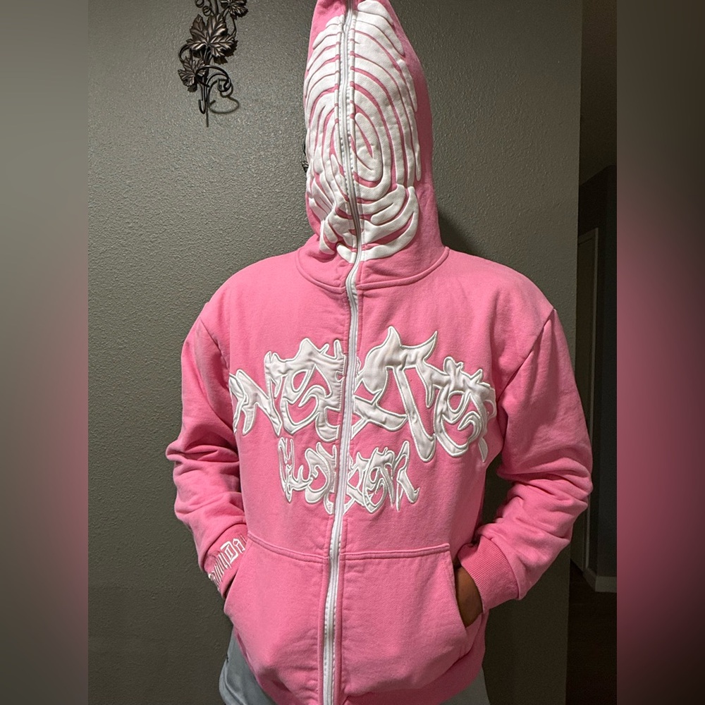 Stitched logo zip up sweater with puff print hoodie